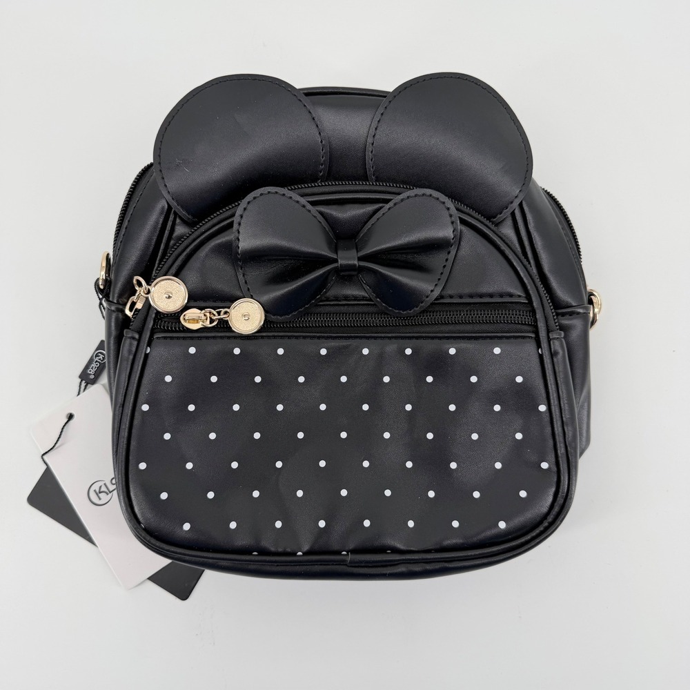 KL928 Girls One Size Mini Backpack Black Polka Dot Mouse Ears Bowknot 2-Way Bag